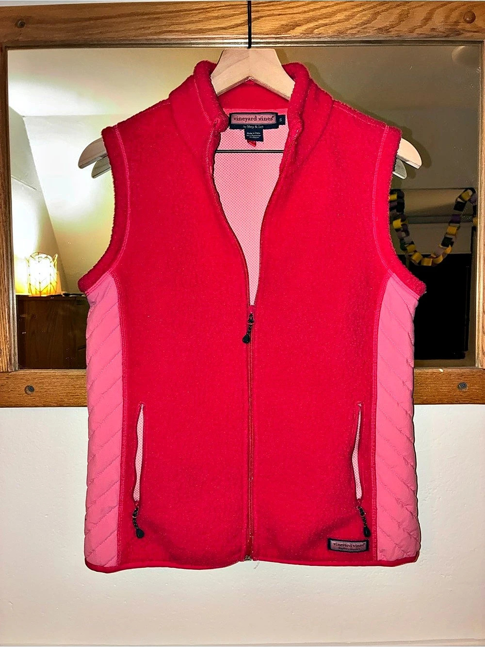 Vineyard Vines Full-Zip Fleece Vest with Quilted Panels Pink Small